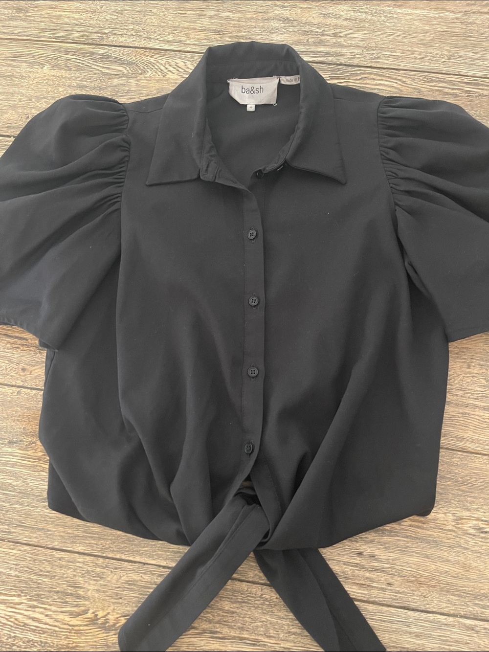ba&sh Black Puff-Sleeve Button-Front Tie Blouse